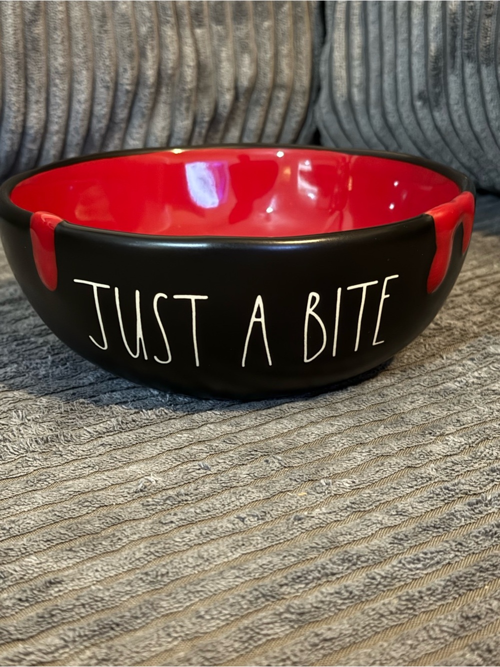 Rae Dunn Black Ceramic 6” Bowl with Red Interior - "Just A Bite" NWT